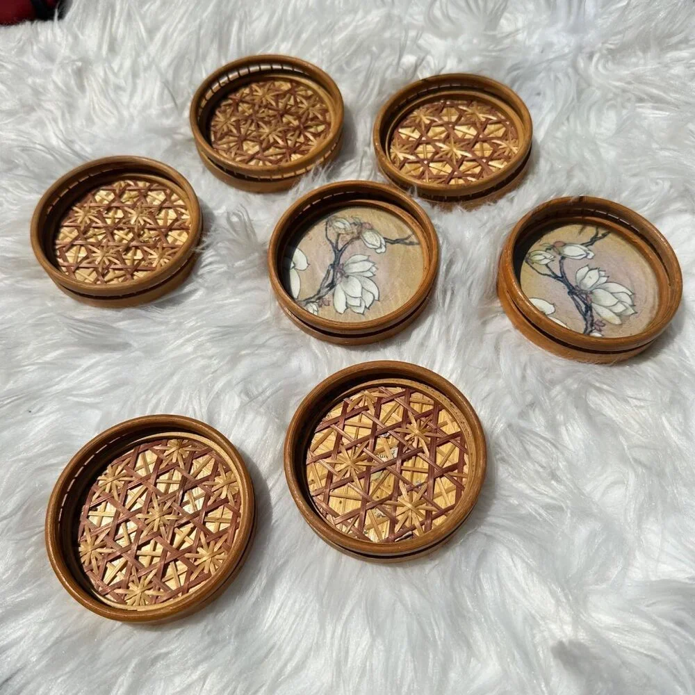 Vintage 7 Piece Set Bamboo Boho Coasters Ornate Midcentury Retro Mod Geo Decor